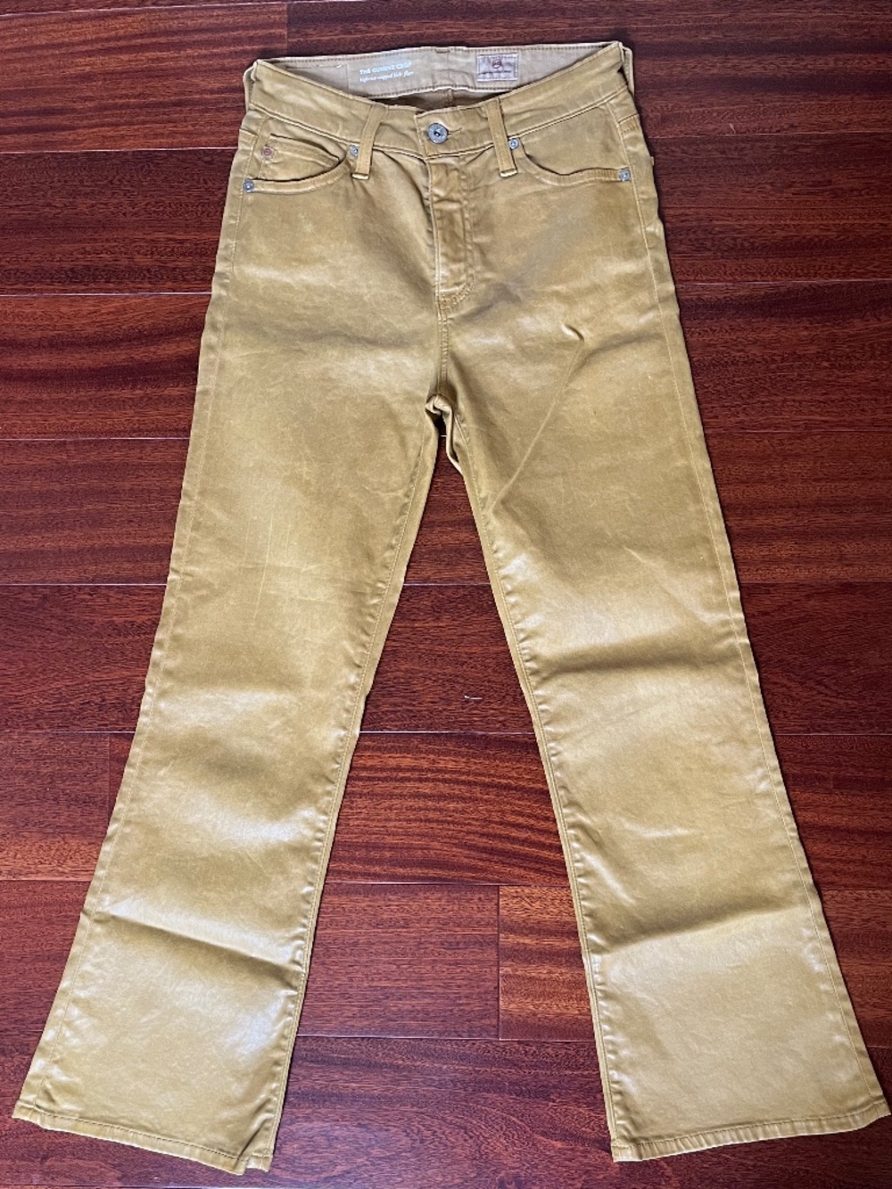 NWOT AG Adriano Goldschmied The Quinne Coated Crop Flare Jeans Camel Gold
